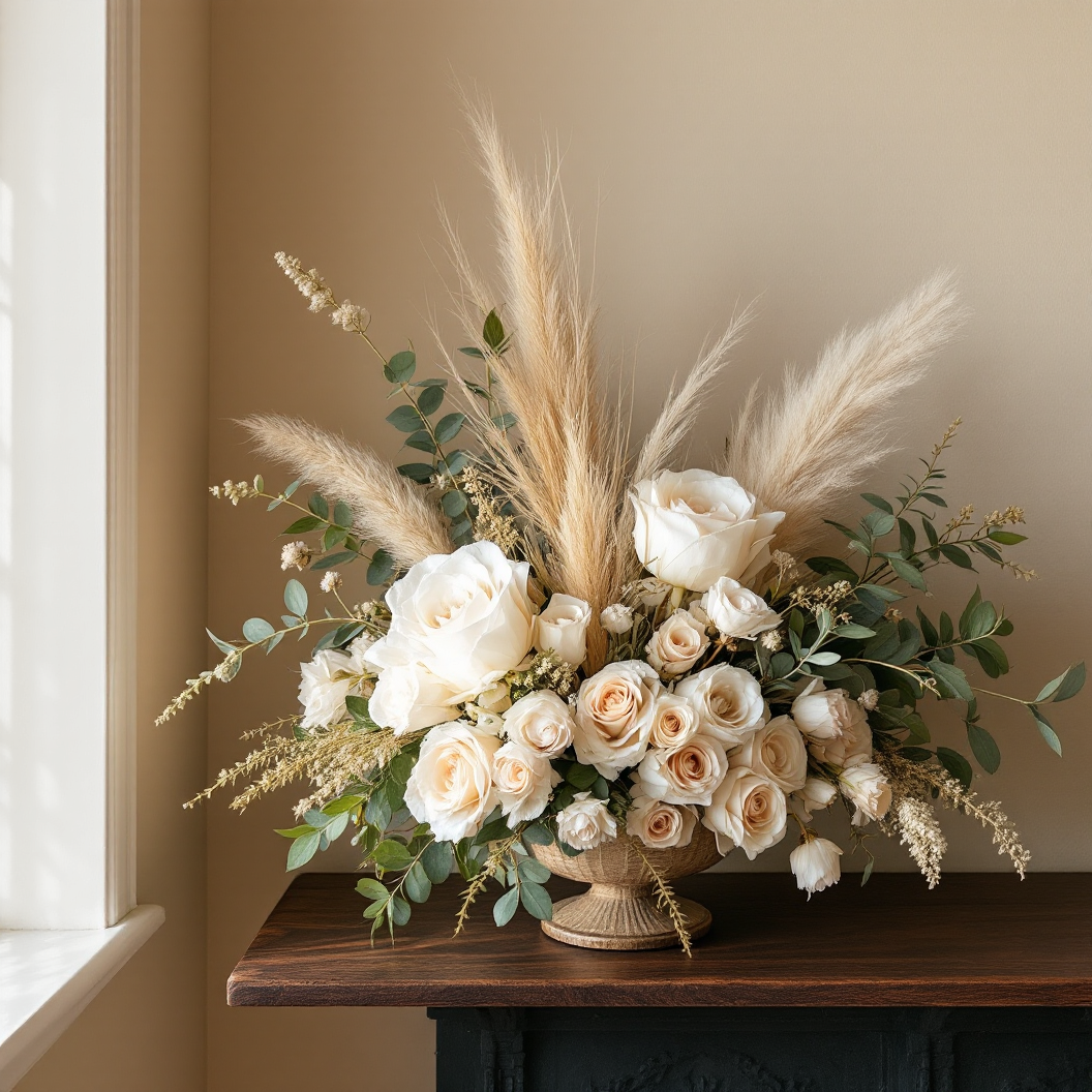 White roses and pampas grass arrangement in a warm medspa setting